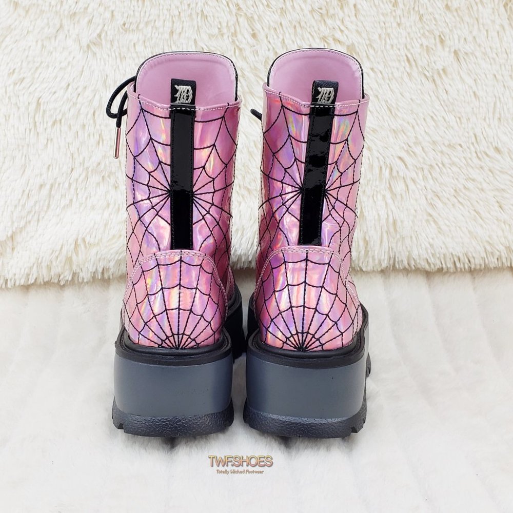 Pink Hologram Platform Spider Web Ankle Boots Punk Rave Festival Slacker - Picture 8 of 12